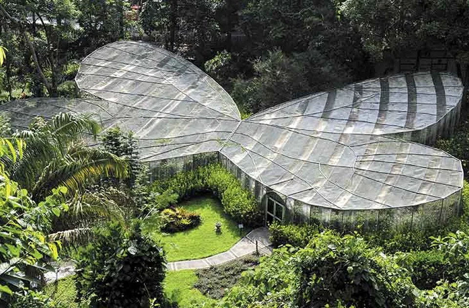 Jardín Botánico del Quindío (Calarcá): mariposario en forma de mariposa gigante entre el bosque nativo